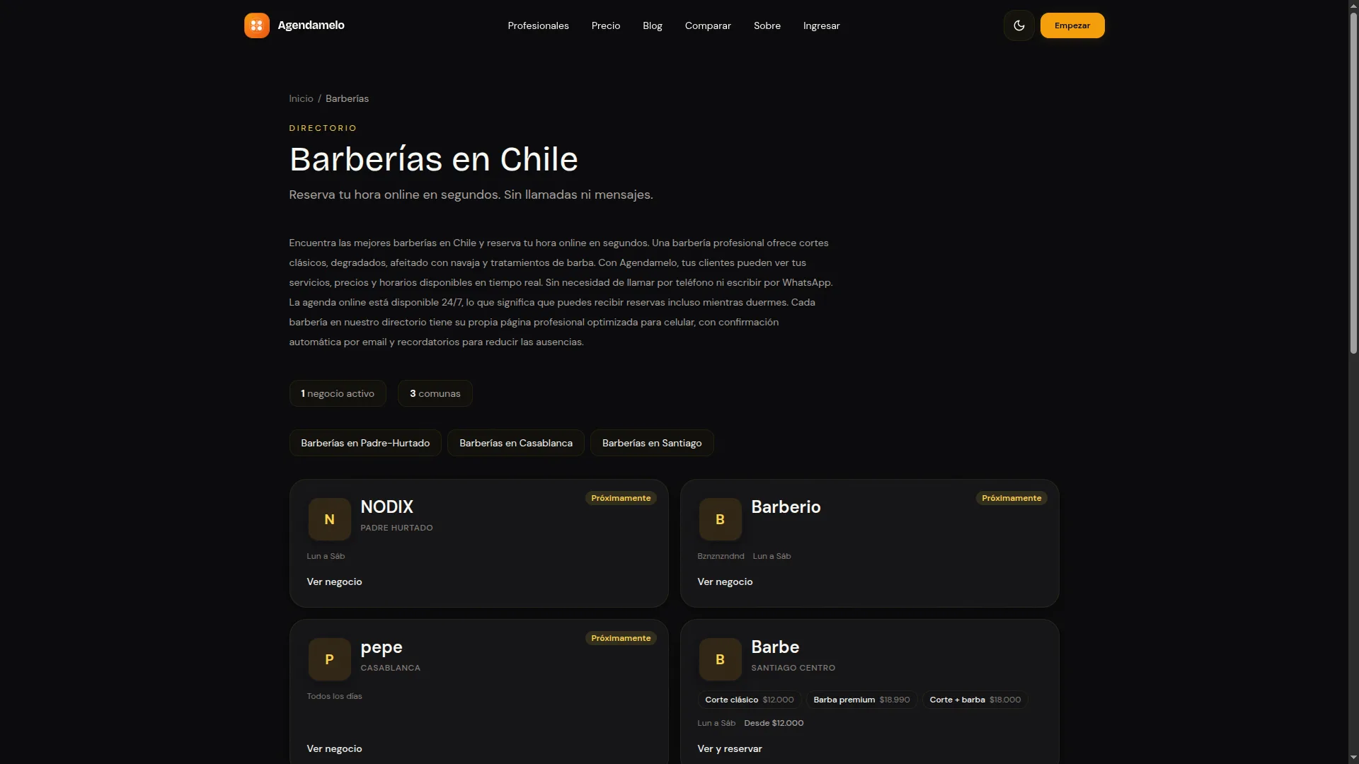 Directorio Barberías en Chile en agendamelo.cl, con fichas de servicios y precios