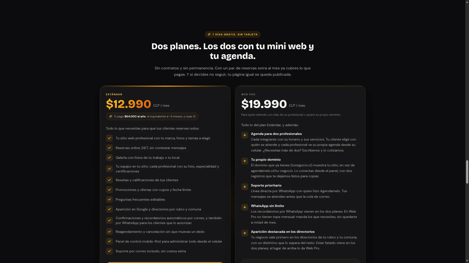 Planes Estándar y Web Pro en agendamelo.cl, con precios en CLP publicados