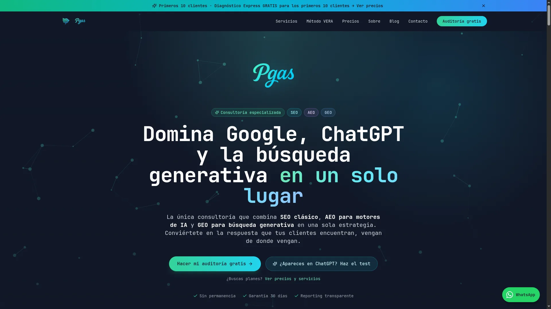 Portada de pgas.online: consultoría SEO, AEO y GEO con el método VERA