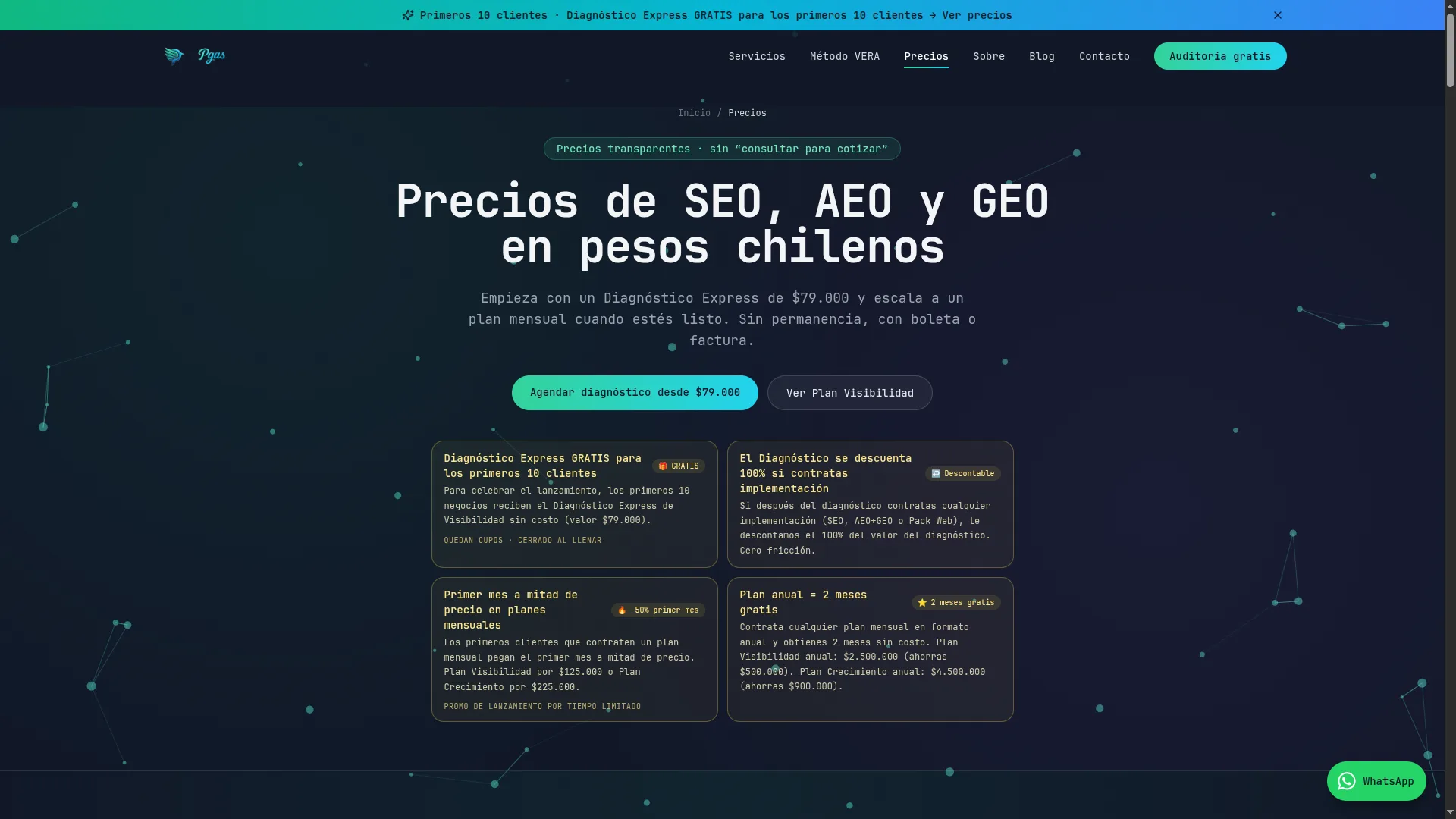 Página de precios de PGAS en pesos chilenos, con catálogo de one-shots y planes