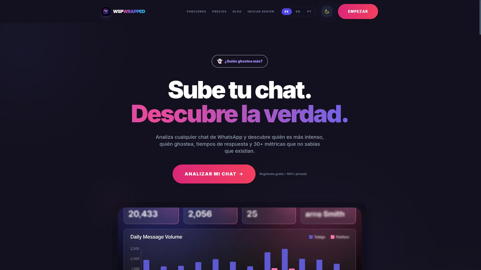 Portada en español de WspWrapped: Sube tu chat. Descubre la verdad., locale ES seleccionado